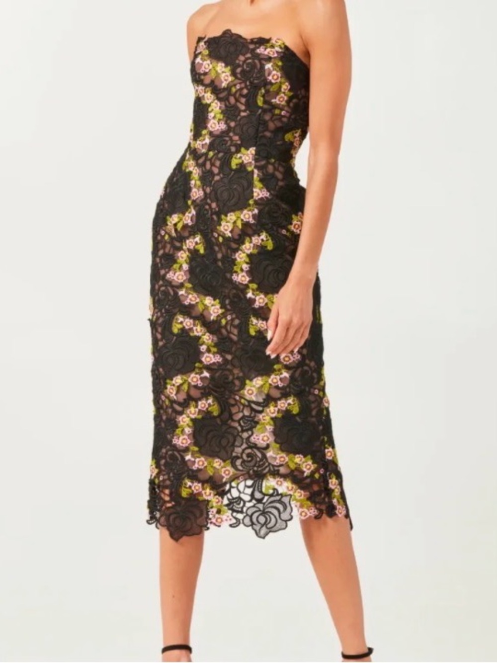 Helsi Strapless Black Floral Lace Midi Dress - Pink & Green Accents